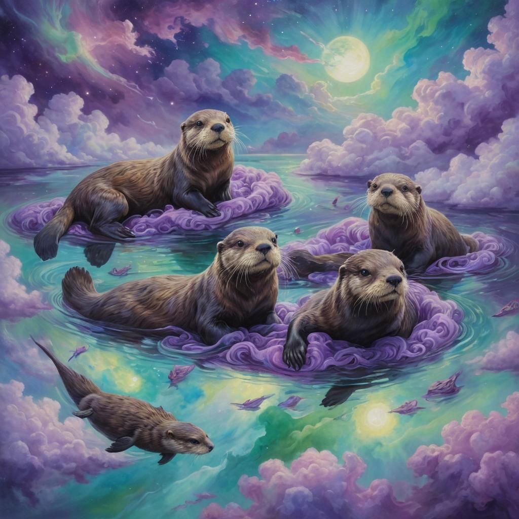 Surreal Galaxy: Otters in Psychedelic Clouds