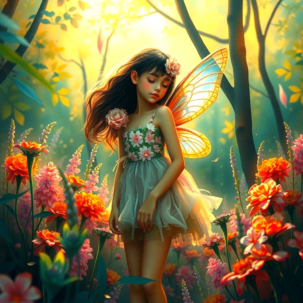 Fairy Girl in Lush Abstract Landscape