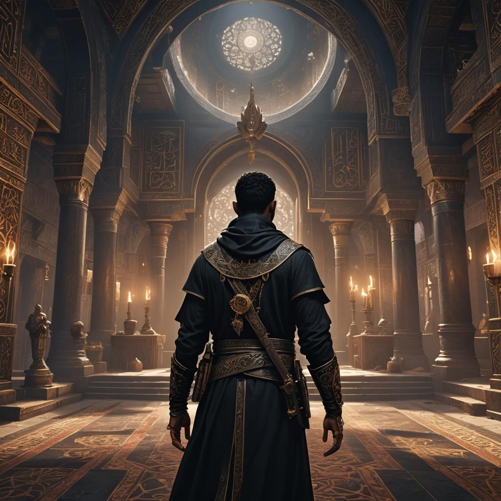 Young Black-Haired Cleric in Arab Room, Detailed Matte Paint...