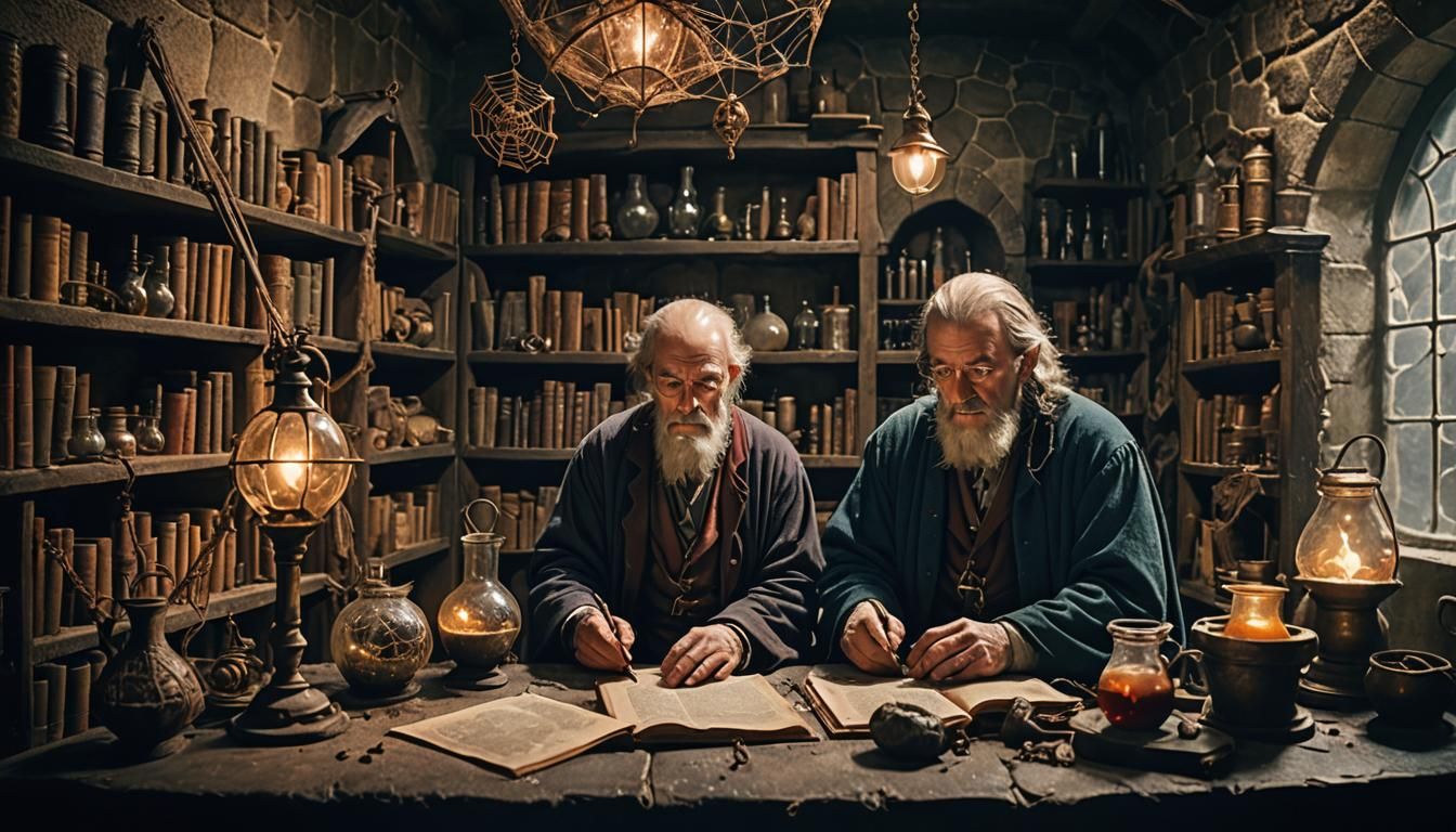 Medieval Alchemist in Laboratory: Cinematic Film Still