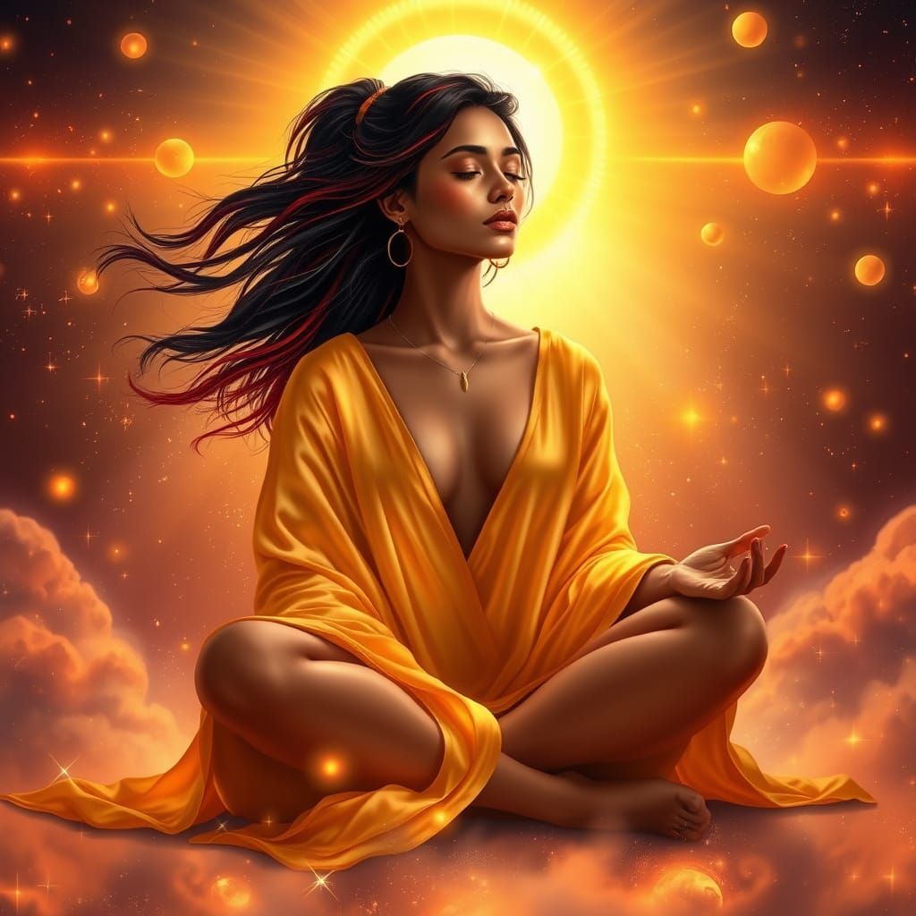 Meditative Indian Woman in Cosmic Aura