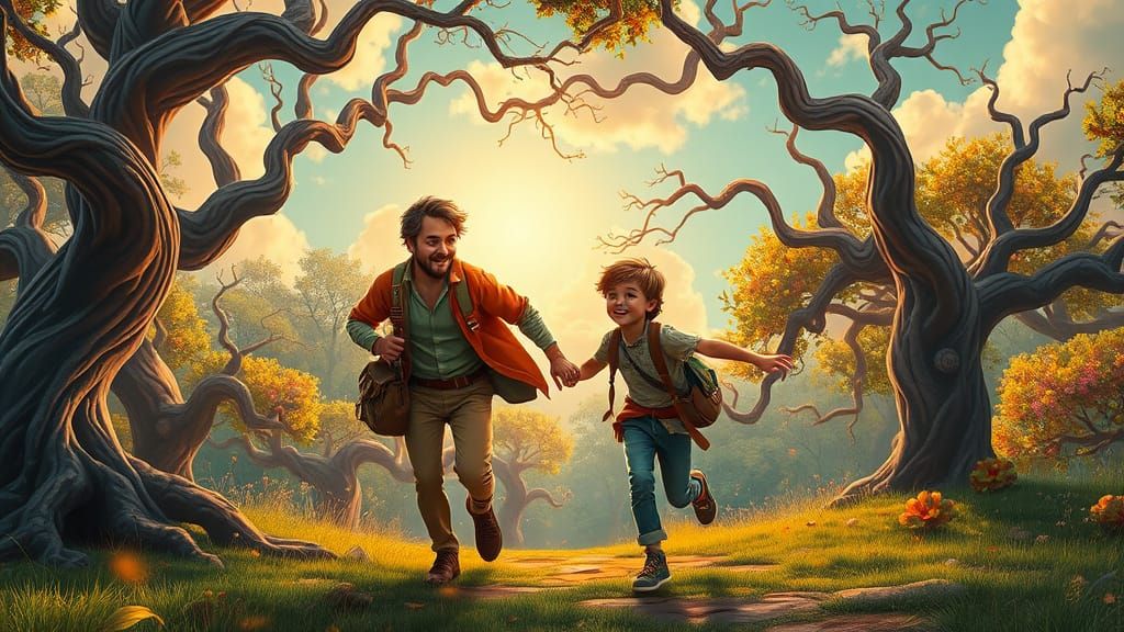Whimsical Father and Son in a Fantastical Park Landscape