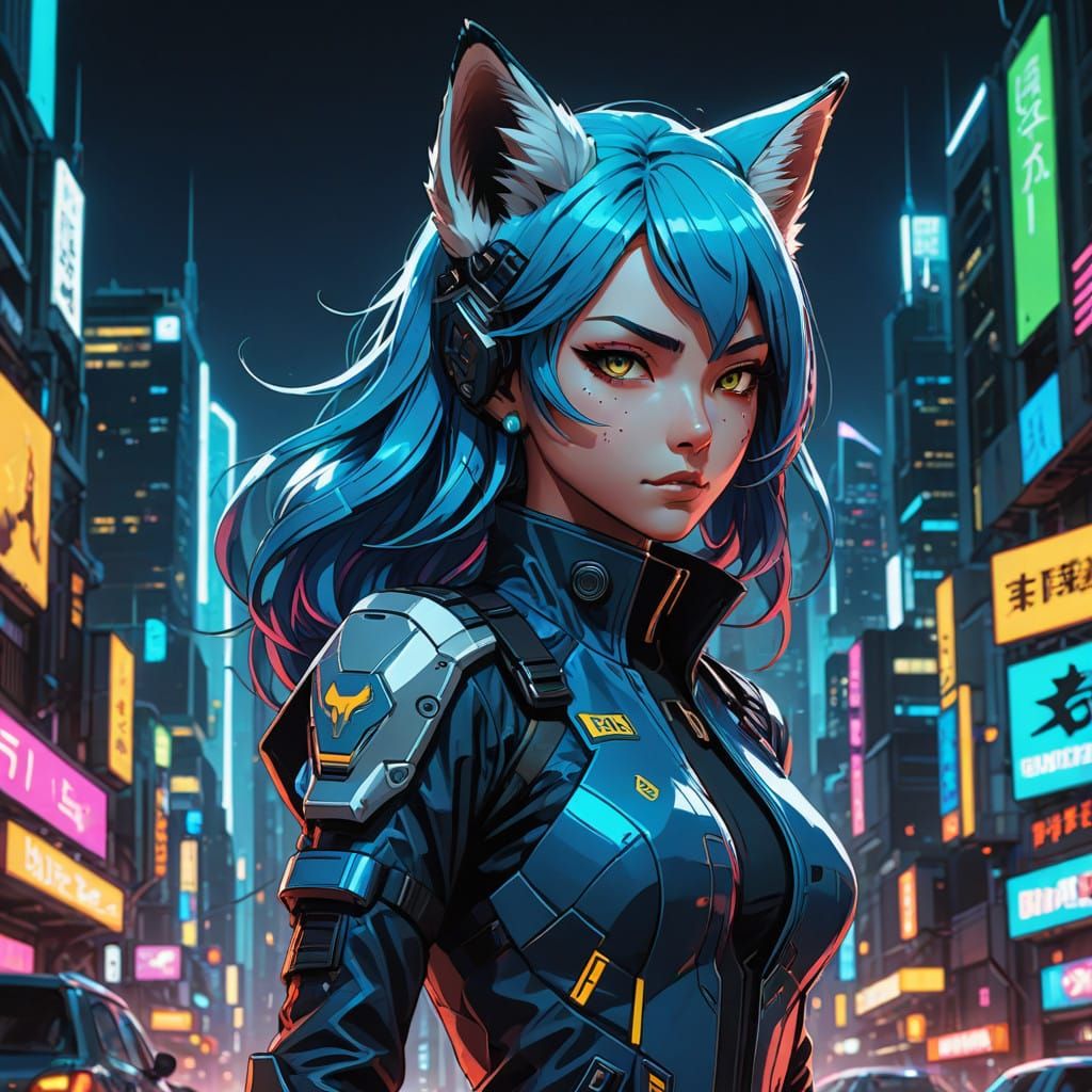 Cyberpunk Fox Girl in Futuristic Starfleet Attire