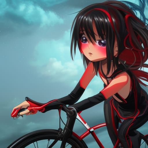 Anime Girls Ride a Red and Black Bicycle