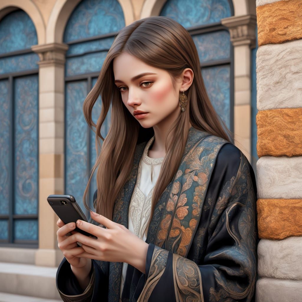 Girl Gazing at Fake News in Hyperdetailed Art