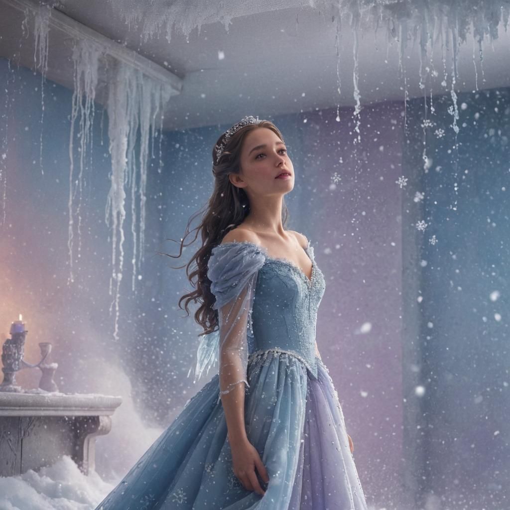 Princess Under Sky Flood Turns to Snow: Whimsical Art