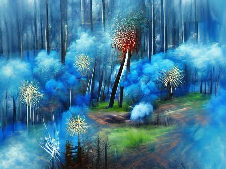 Blue Firework over Forest in Digital Painting Style