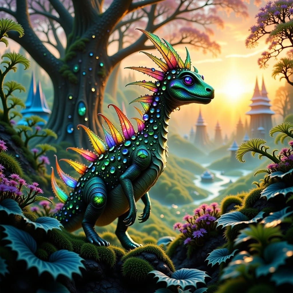 Majestic Gemstone Dinosaur in Vibrant Fantasy Landscape