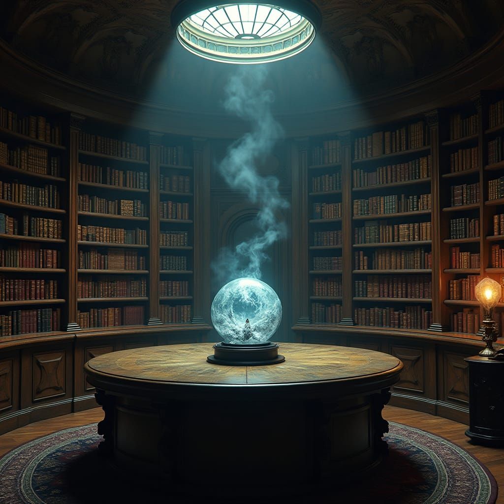 Enigmatic Office with Living Bookshelves and Storm Orb