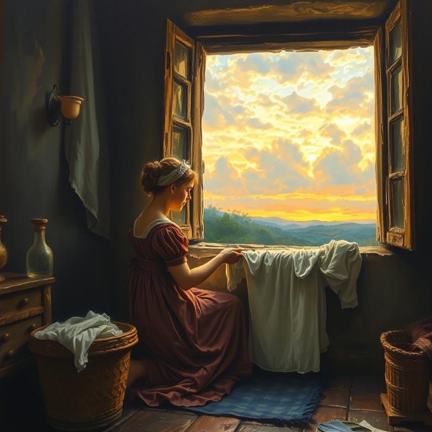 Medieval Woman Washing Clothes: Impressionist Oil Painting