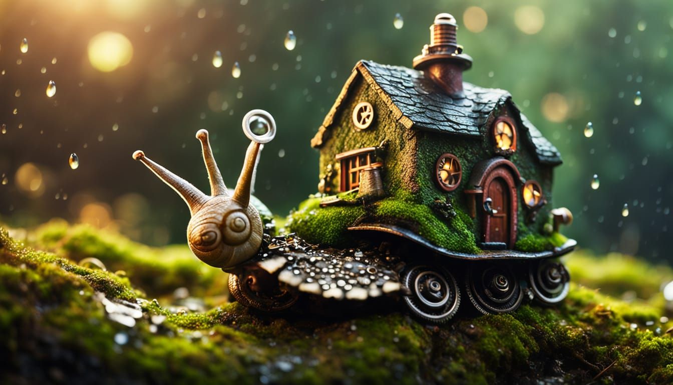 Steampunk Cottage Snail on Mossy Rock