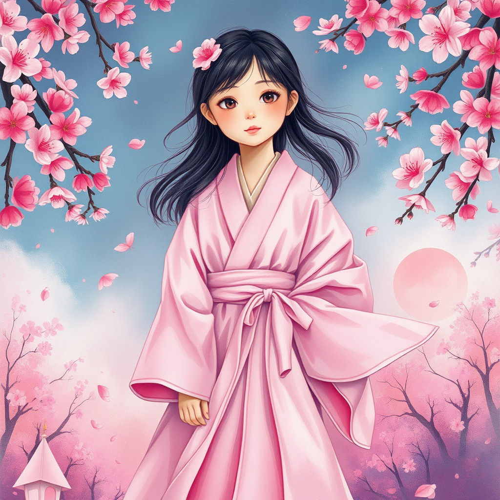 Pink Kimono Girl in Cherry Blossom Dreamscape