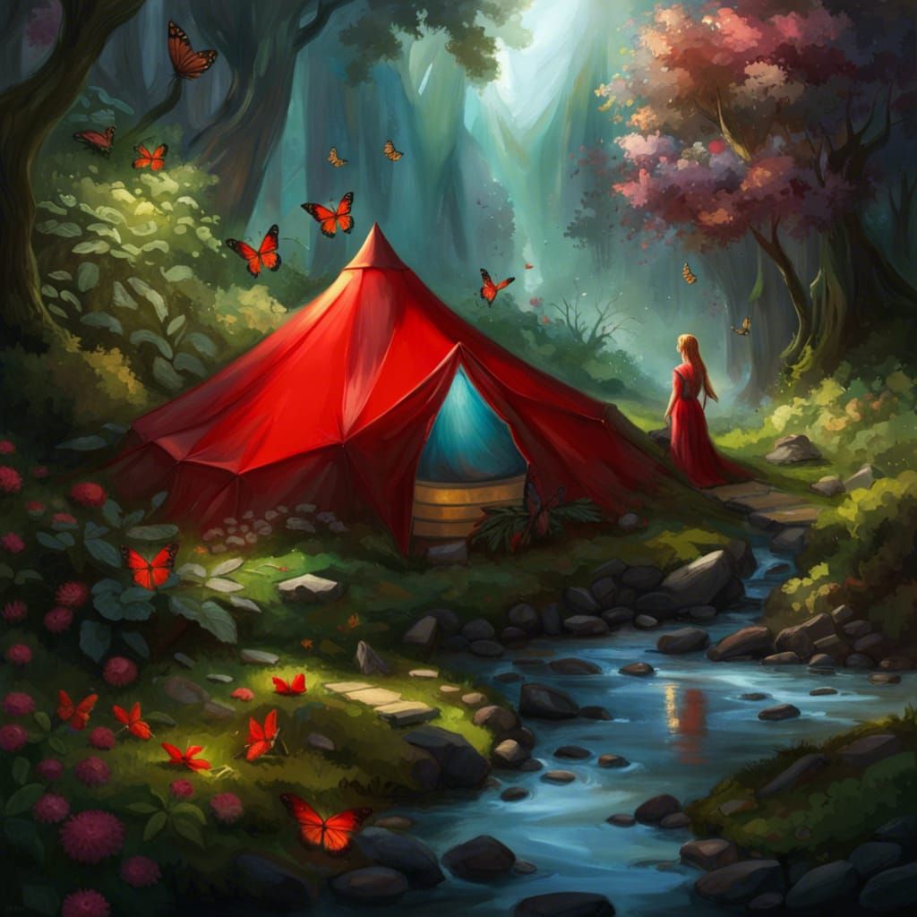 Enchanted Forest Scene with Red Tent in Splash Art