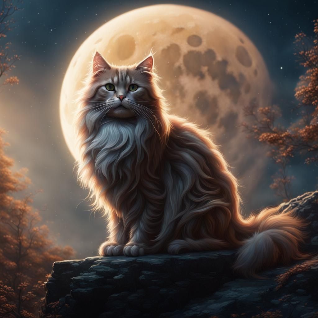 Wild Longhair Cat and Full Moon: Fantasy Art