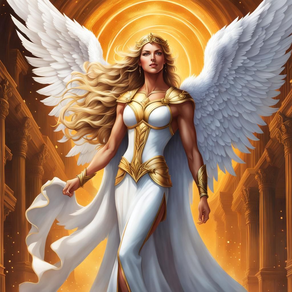 Angel Warrior with Woman in Cosmic Embrace