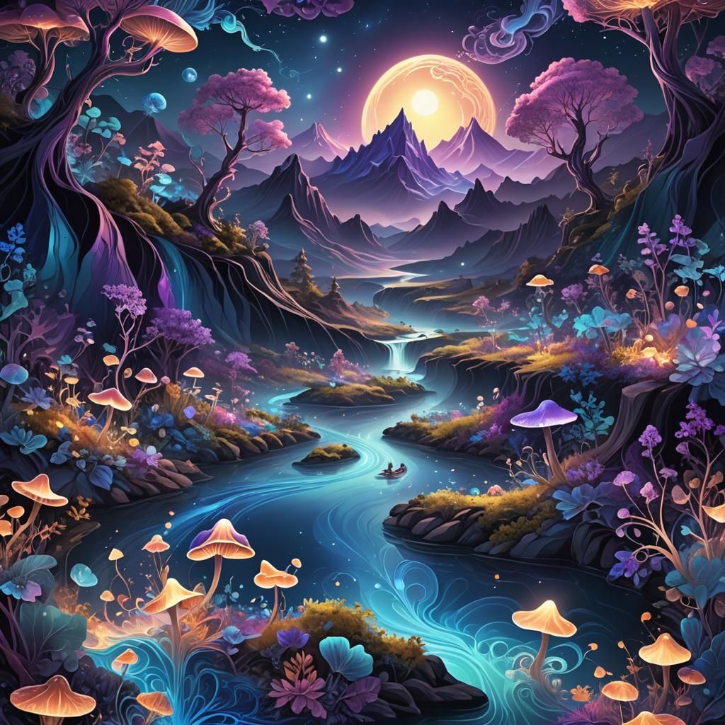 Fairies Sail Glowing River in Abstract Fractal