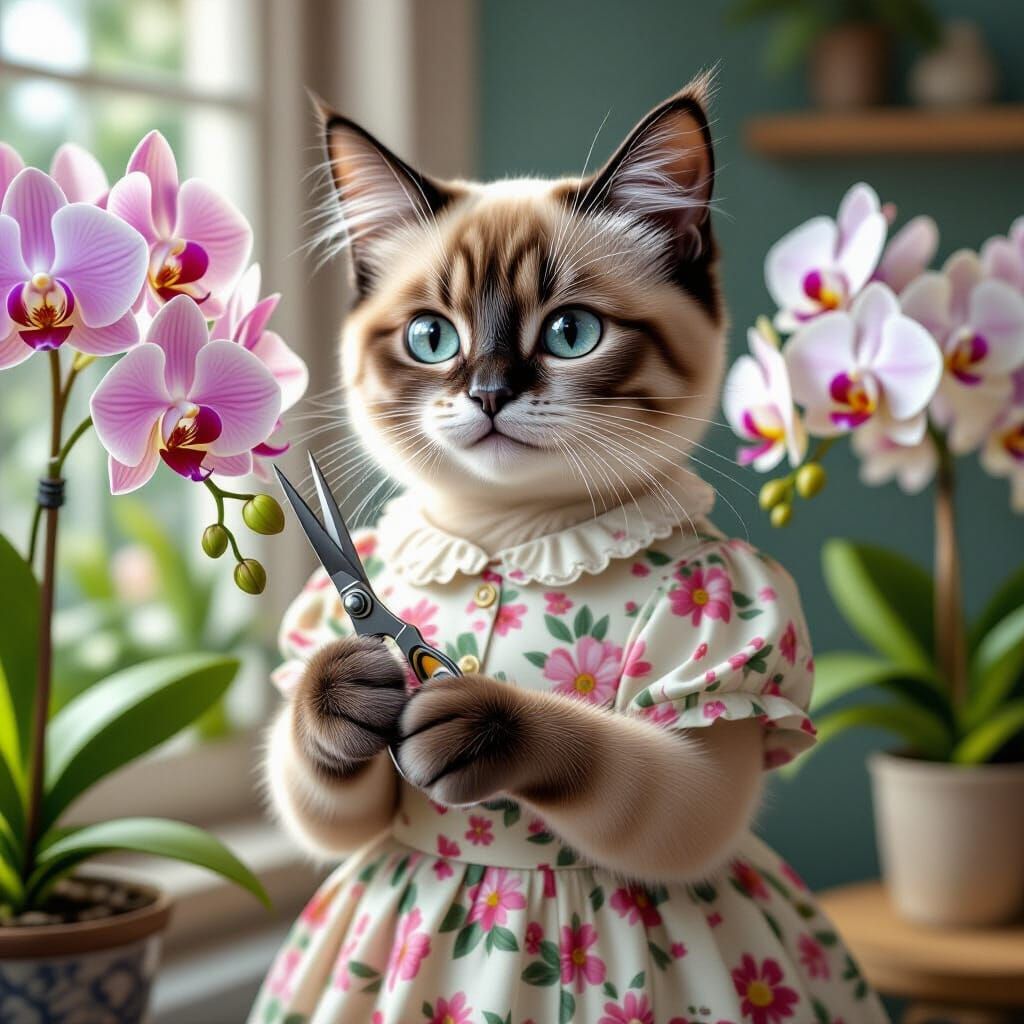 Cute Siamese Cat Tending Colorful Orchids in Floral Dress
