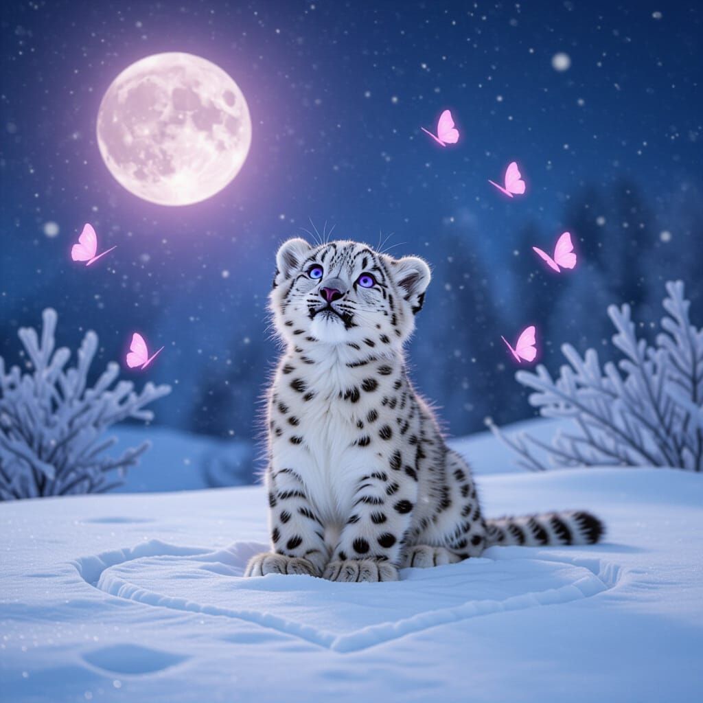 Snow Leopard Cub in Magical Winter Scene with Glowing Moon
