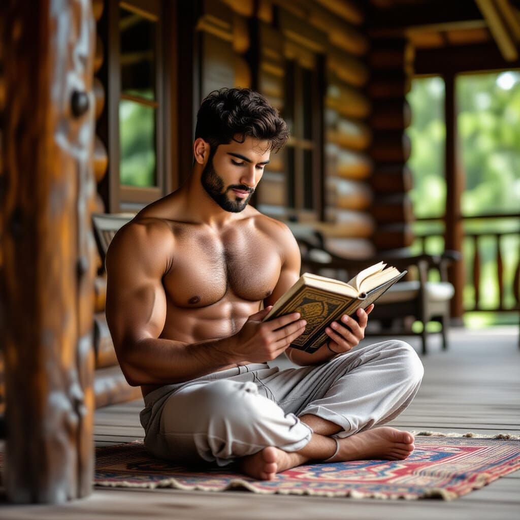 Muscular Arabian Man Reading Quran on Cabin Porch