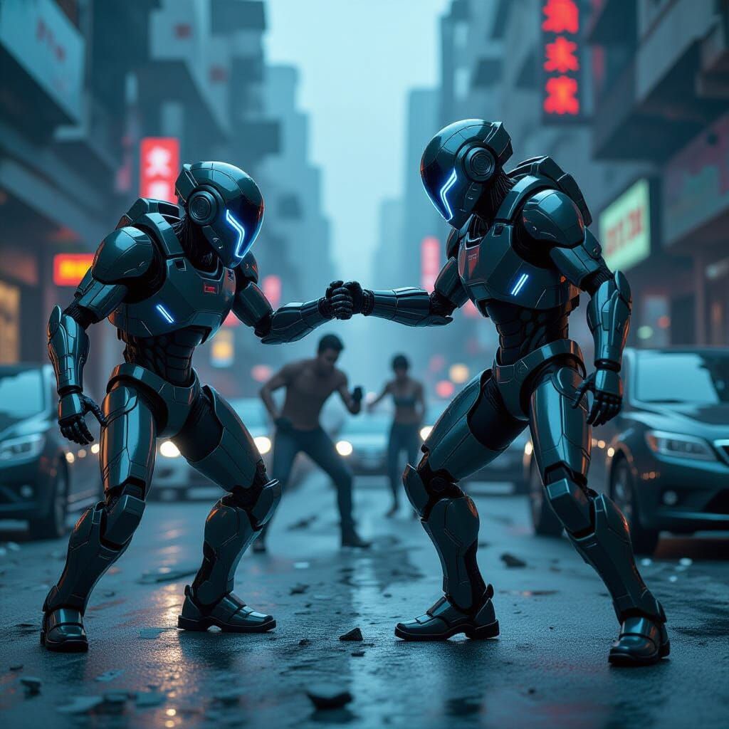 Dystopian Street Battle: Robots vs. Humans