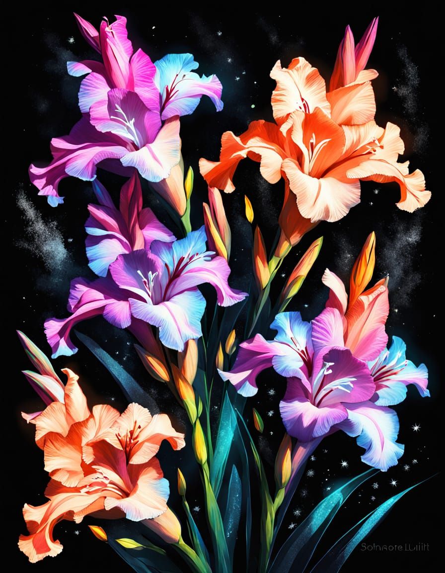 Bioluminescent Gladiolus Flowers in Digital Painting
