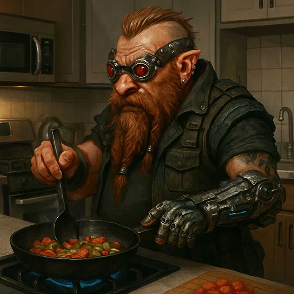 Shadowrun Dwarf Cooking in Kitchen