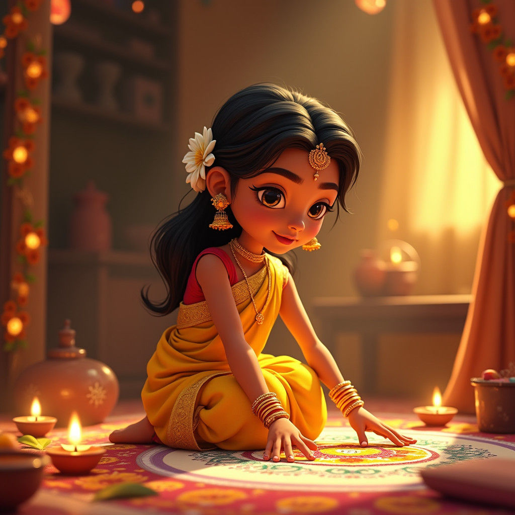Indian Girl Creates Rangoli in Pixar-Inspired 3D Cartoon