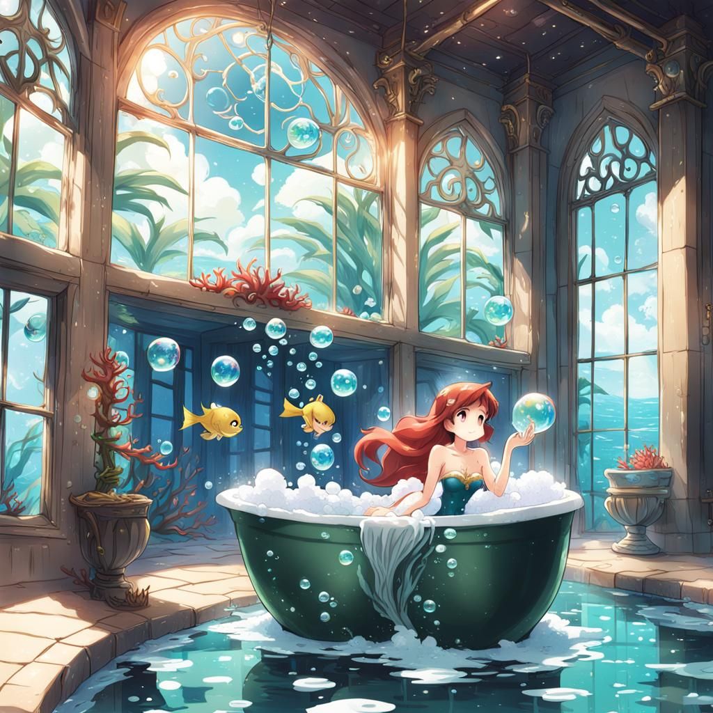 Little Mermaid Relaxing in Underwater Bubble Bath
