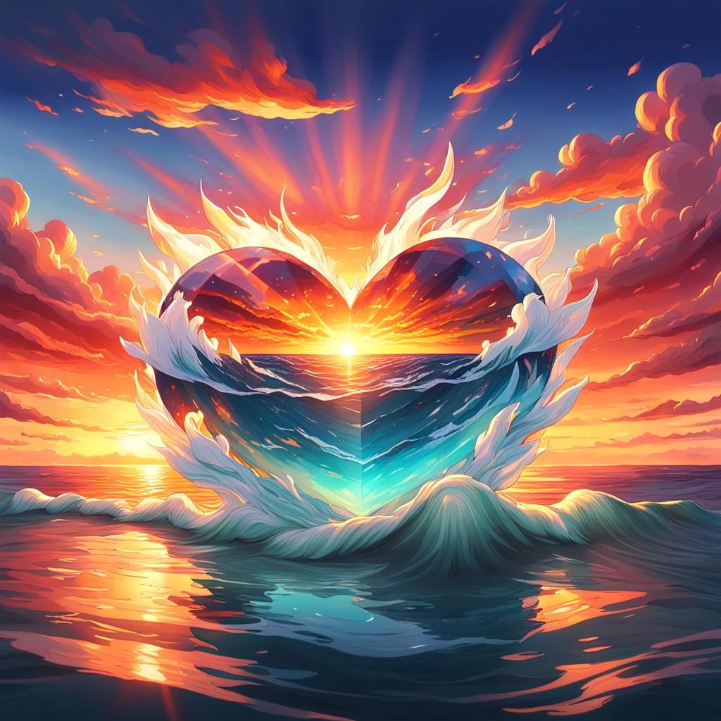 Flaming Crystal Heart at Sunset: Anime Style Artwork