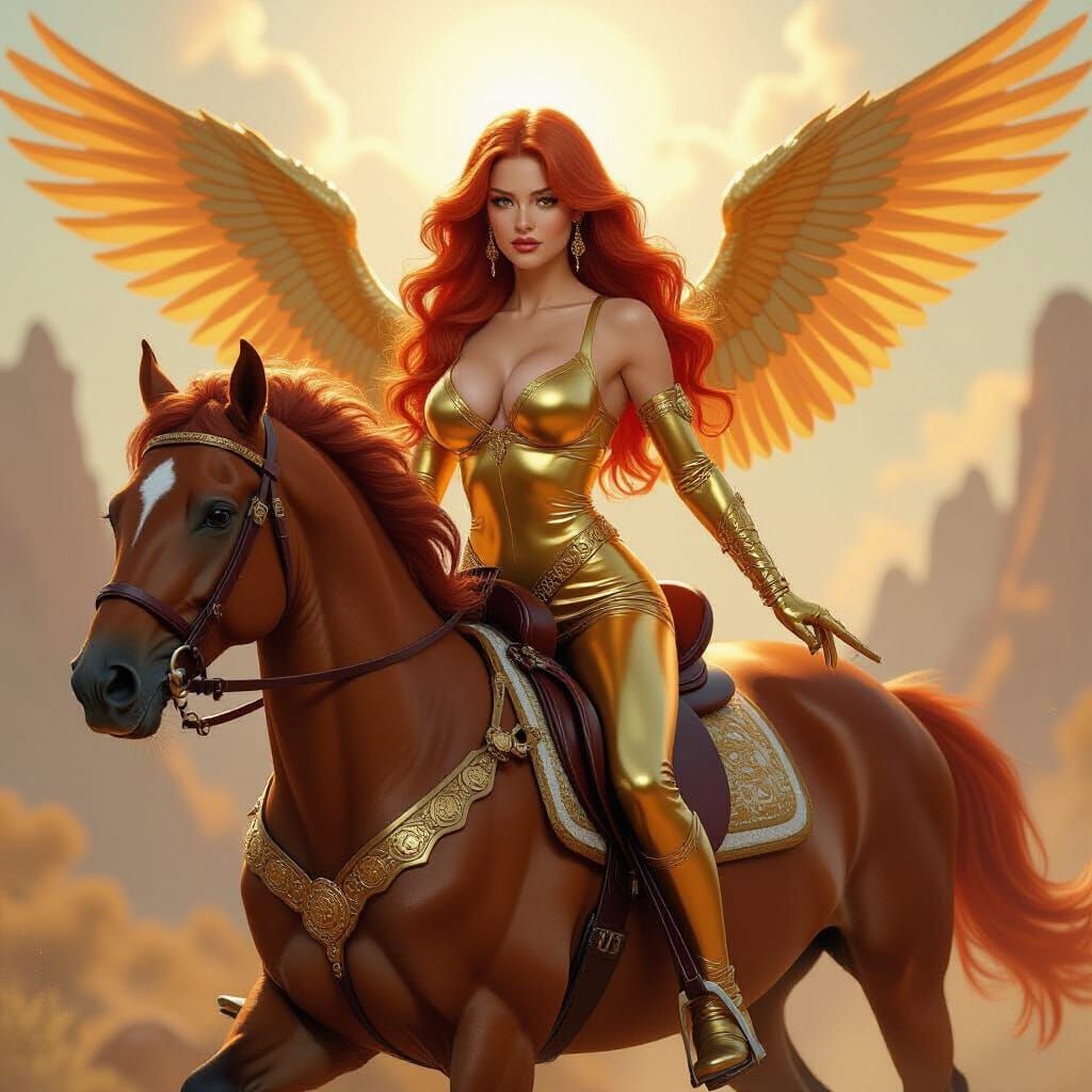Golden Fantasy Woman with Wings Rides Horse