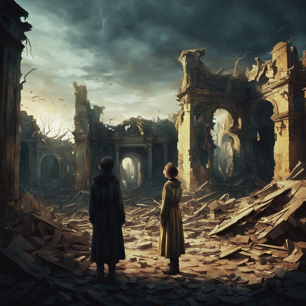 Dreamlike Figure in Golden Ruins: Surrealism