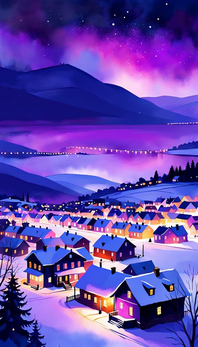 Holiday Lights Glow Under Purple Winter Sky