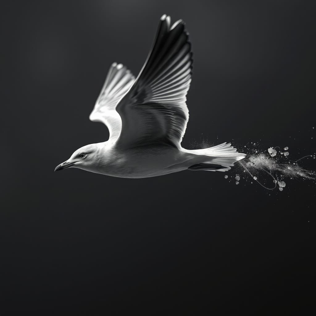 Charcoal Pencil Draws Seagull in Flight, Hyper-Detailed Real...
