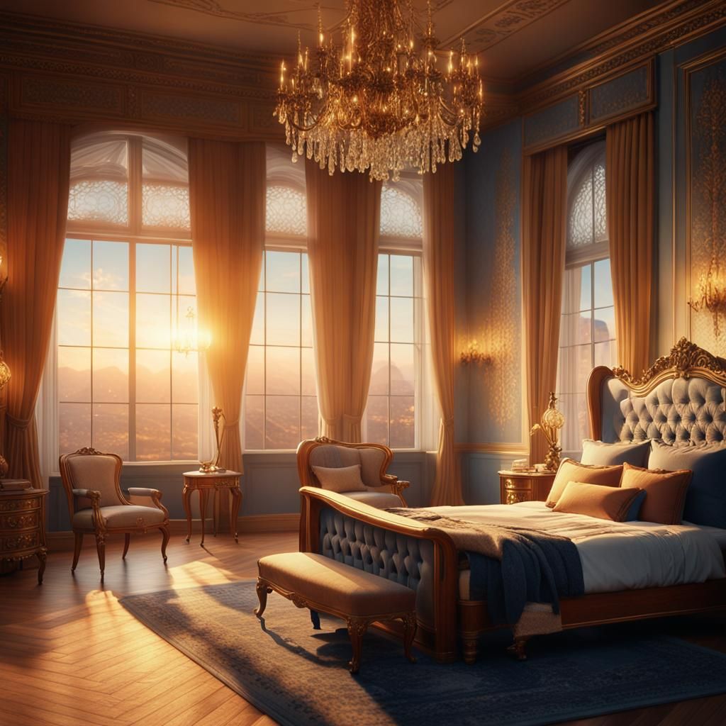 Opulent Bedroom with Sunset Glow: Digital Matte Painting