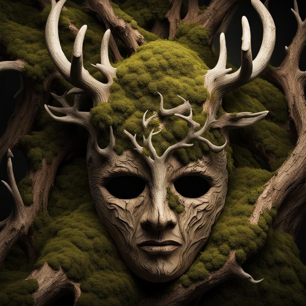 Horror Tree Bark Mask with Reindeer Horns