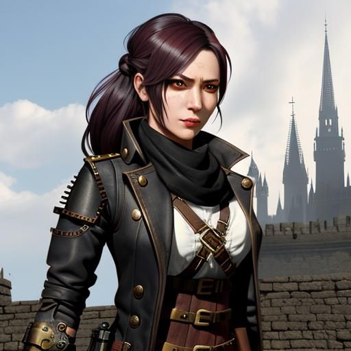 Steampunk Female Fighter Portrait in Medieval Setting
