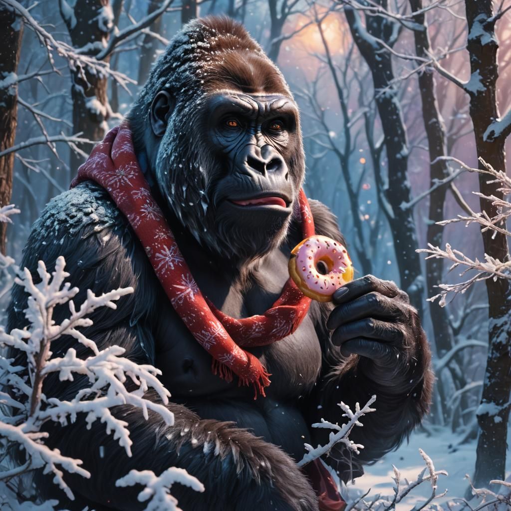 Gorilla Eating Donut in Winter Wonderland Forest