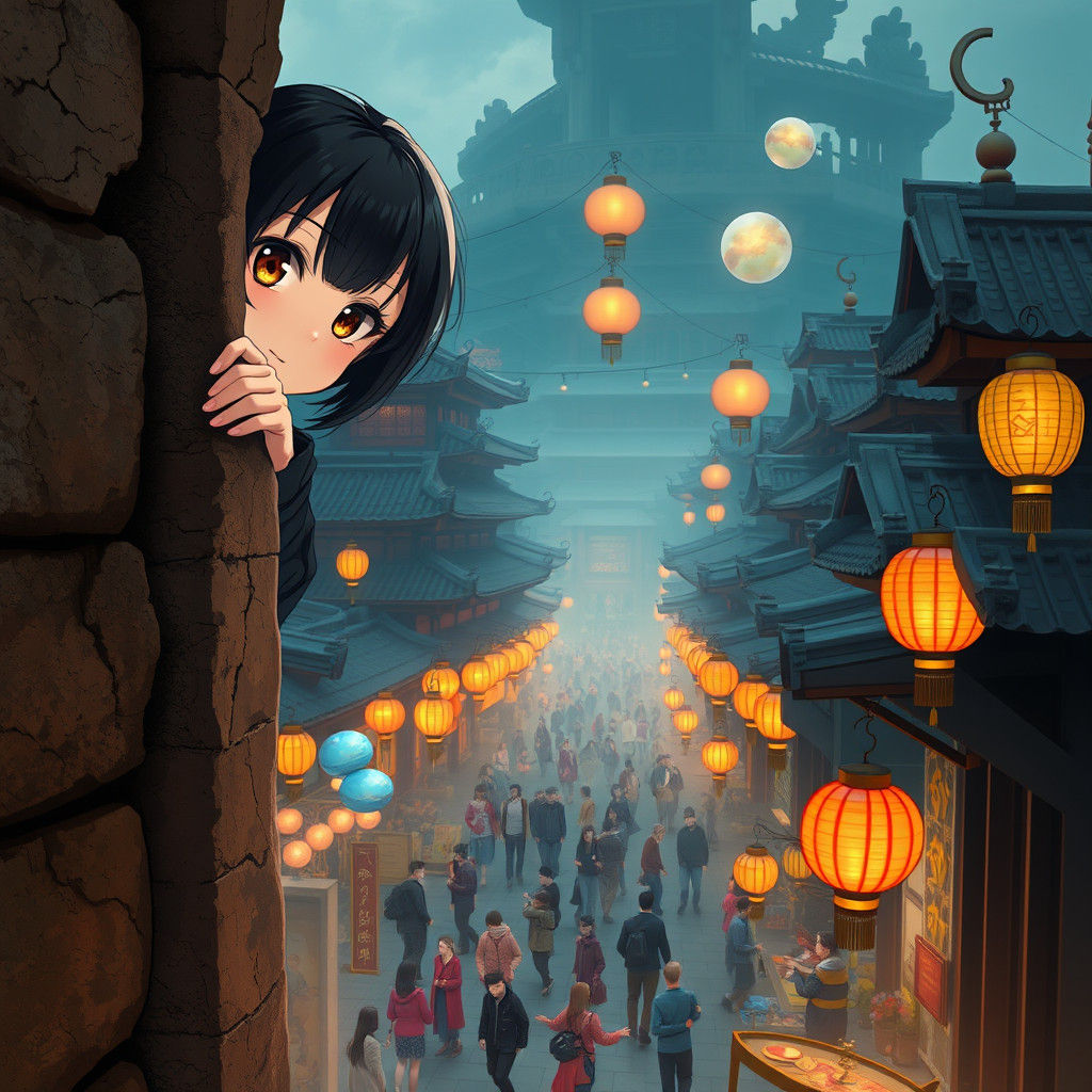 Anime Girl Spying on Fantastical City Street