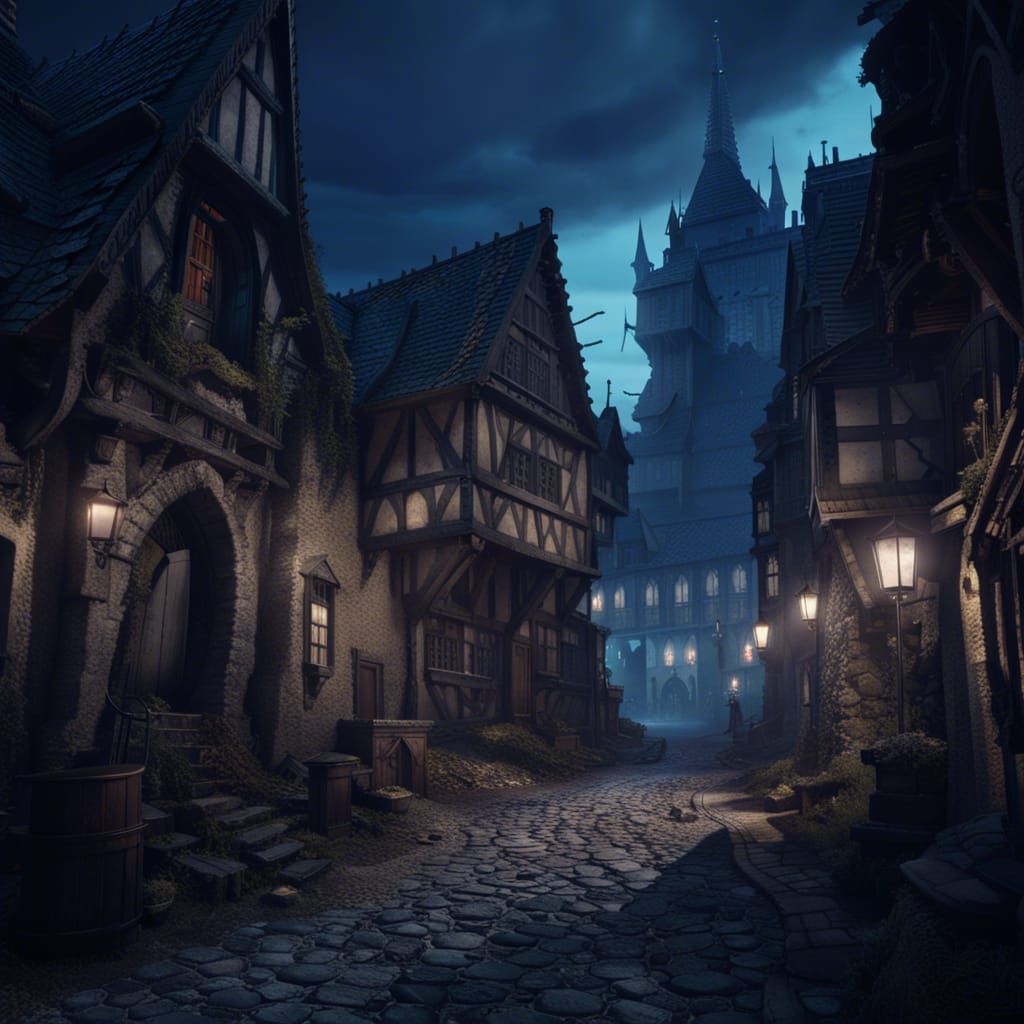 Haunted Medieval City at Night in Blue Hue
