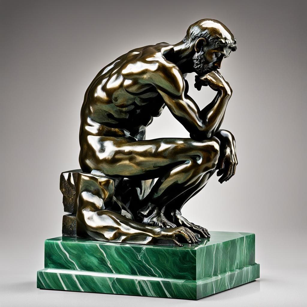 Rodin's thinker finely sculpted in bronze with a shiny patin...