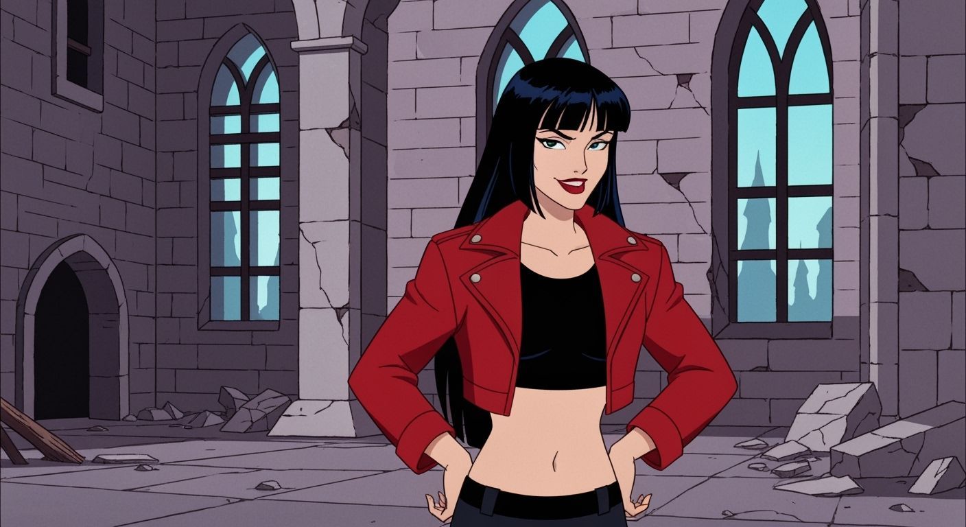 Confident Woman in Castle Ruins, 90s Animation Style