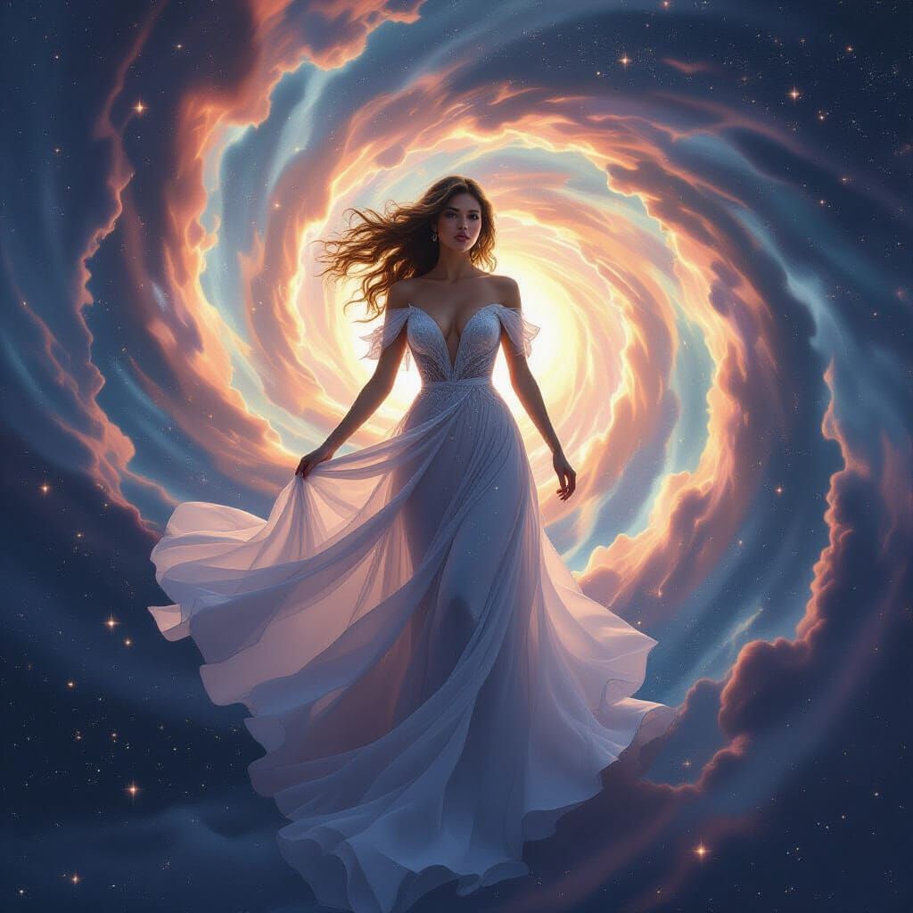 Ethereal Woman in Galaxy Gown Digital Artwork