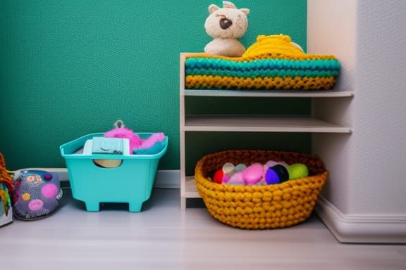 Basket of Yarn Stuffed Animals in Baby Room