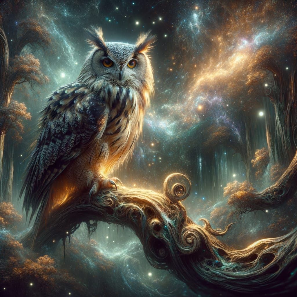 Majestic Nebula Owl Perched on Ancient Branch