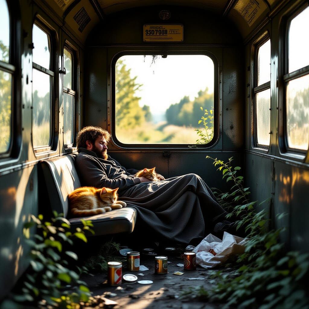 Abandoned Train Scene with Sleeping Man and Cat
