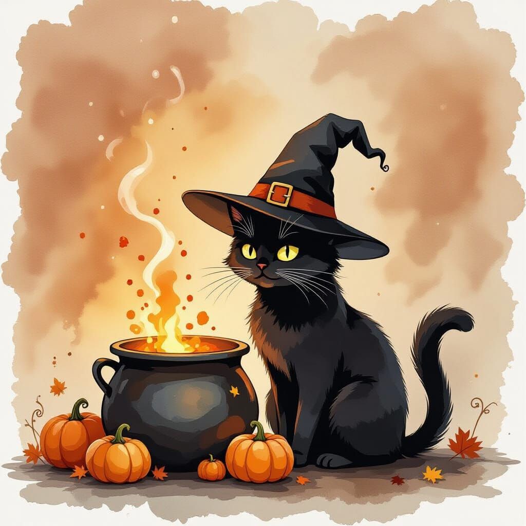 Witches Black Cat Beside Bubbling Cauldron