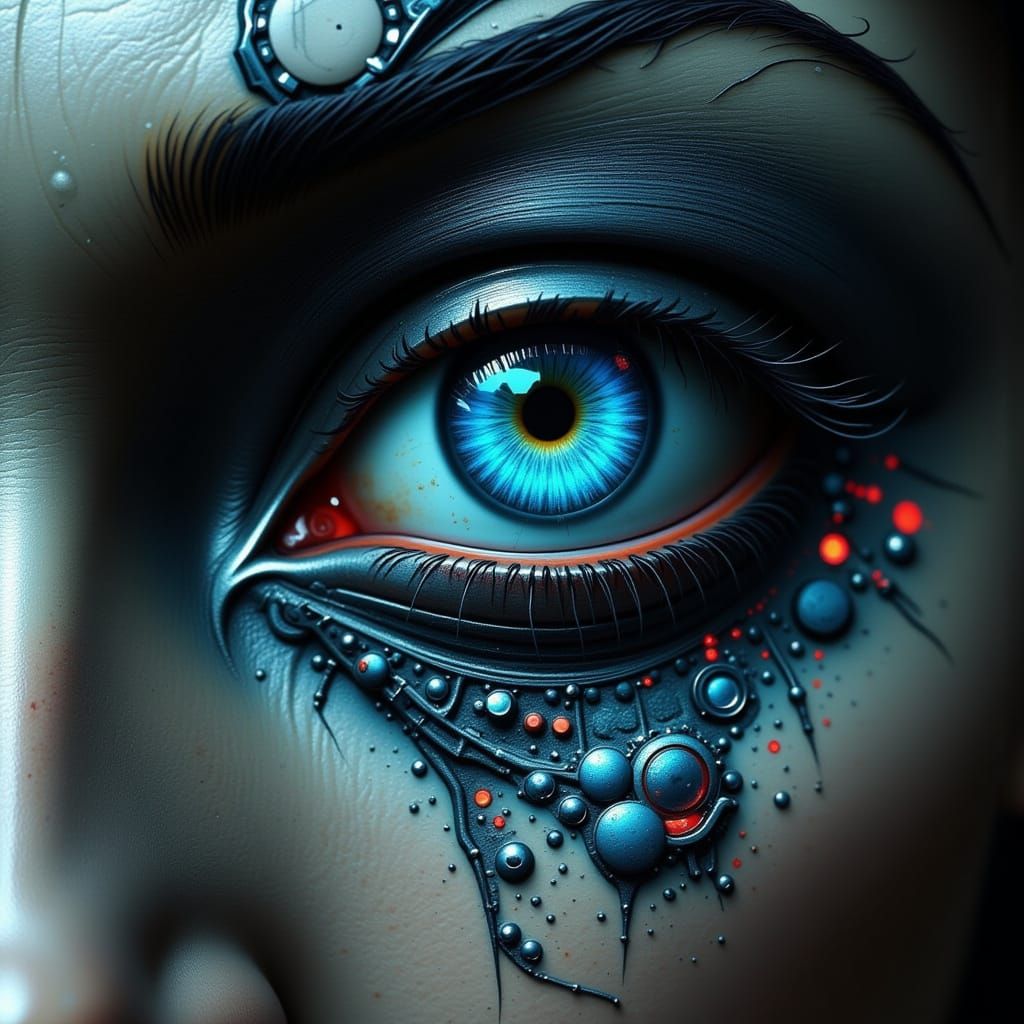 Cybernetic Eye with Glowing Circuits in Biomechanical Style
