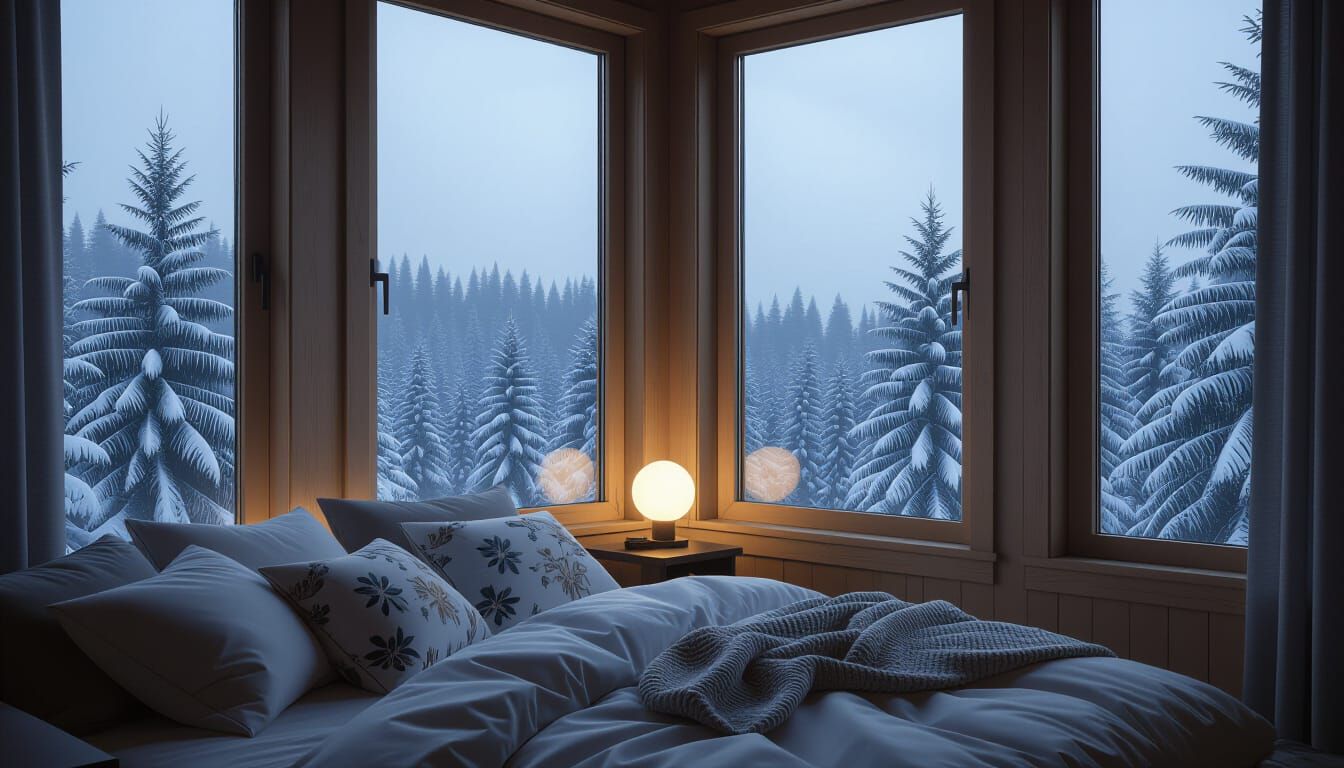 Cozy Bedroom Oasis Overlooking Snowy Pine Forest