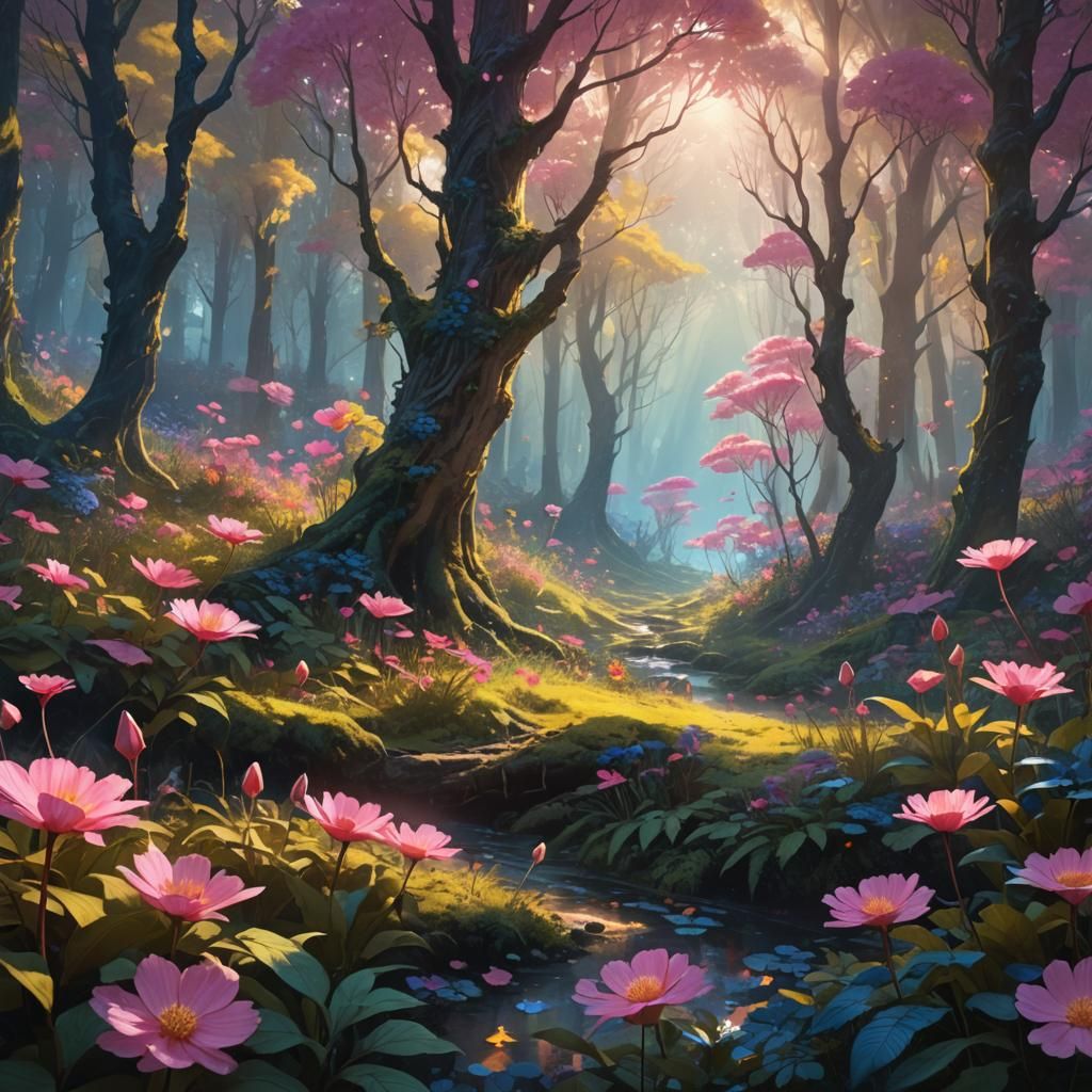 Fantasy Forest with Giant Pink Flowers