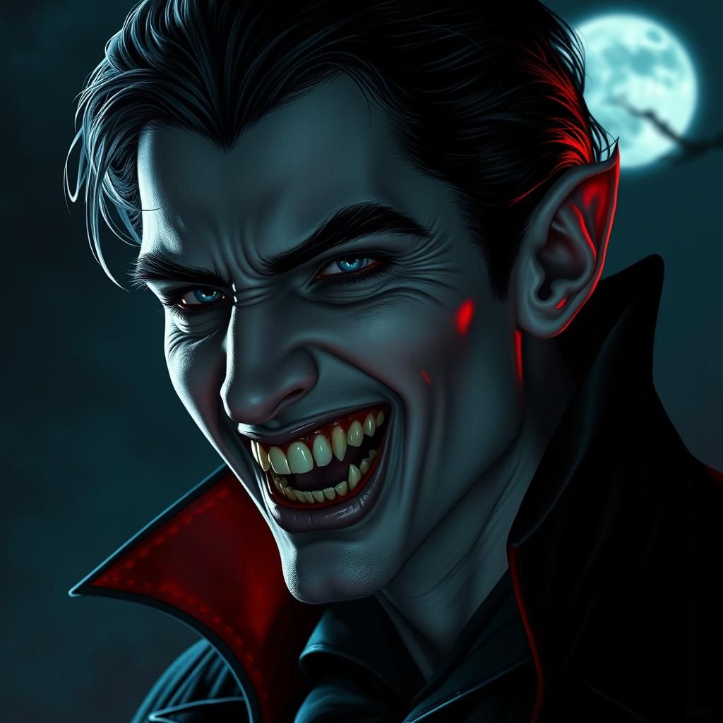 Brooding Young Dracula with Bloody Fangs